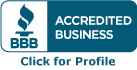 BBB Accredited Business logo, blue and white, with a torch symbol and