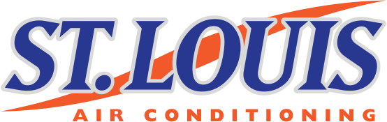 Logo for St. Louis Air Conditioning in blue and white text with orange curved accents.
