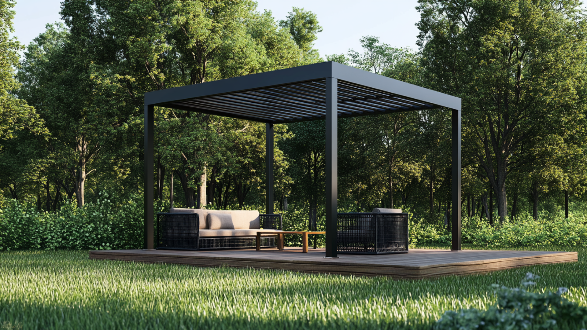 Pérgola bioclimática con control solar, ventilación natural y protección contra lluvia para espacios exteriores.