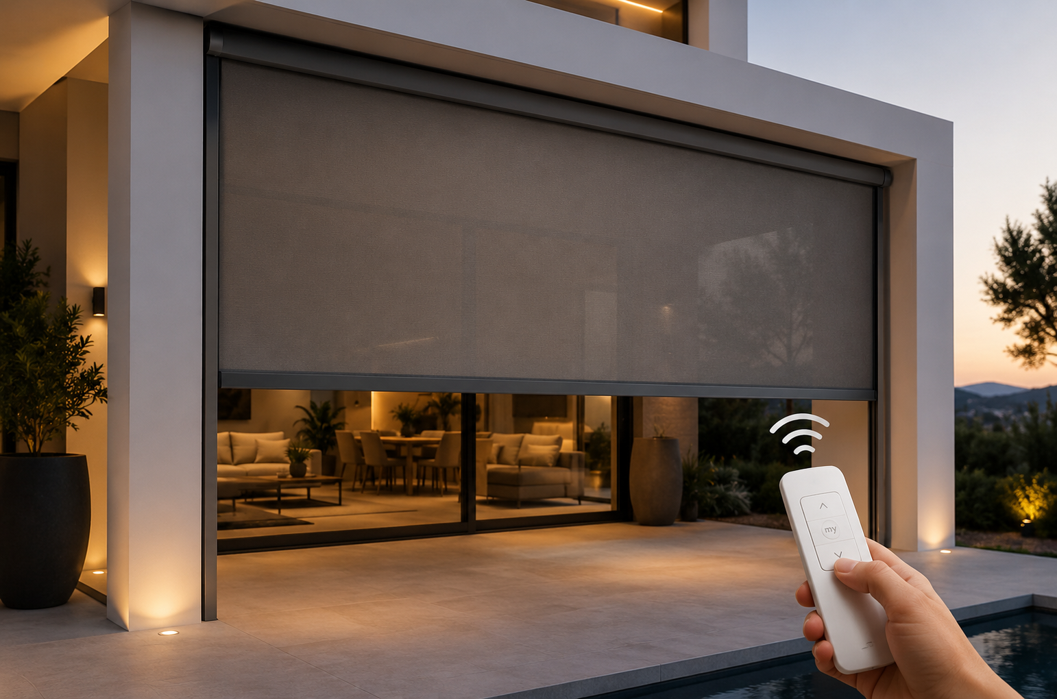 Toldo vertical motorizado con control remoto para protección solar, privacidad y confort en exteriores.