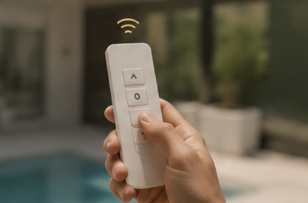 Control remoto para toldos motorizados con funciones de apertura, cierre y ajuste de posición.
