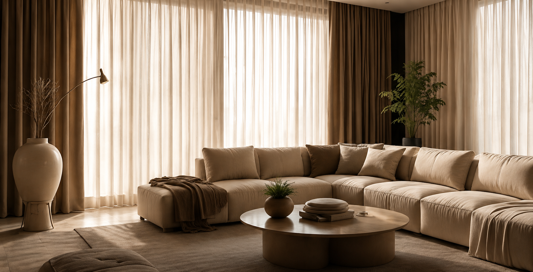 Cortinas de alta costura para sala moderna con telas premium, confección personalizada y diseño de interiores exclusivo