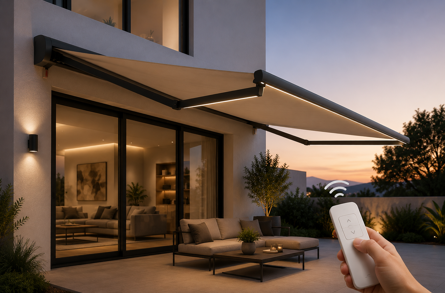 Toldo retráctil motorizado con control remoto para mayor confort, protección solar y automatización exterior.