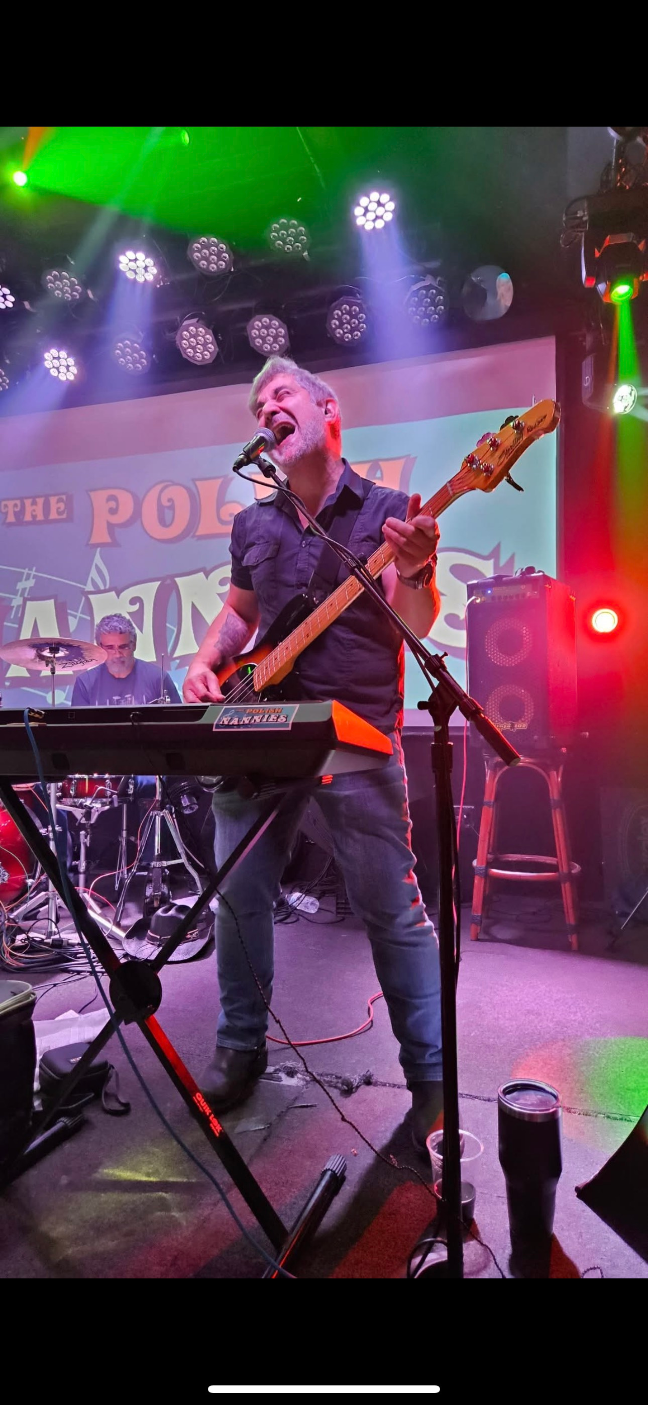 A musician playing a bass guitar and singing into a microphone onstage. Stage lights illuminate the performance.