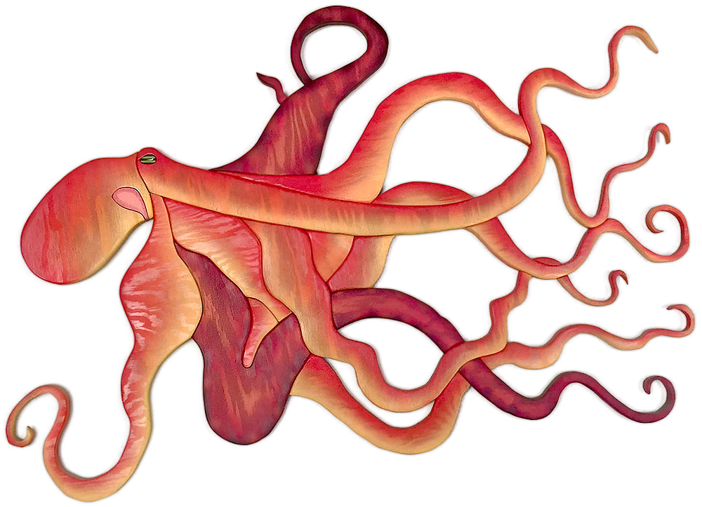 Intarsia art featuring a red octopus