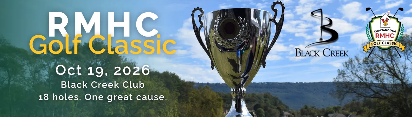 RMHC Golf Tournament banner with cup trophy, Black Creek Club logo, and mountain course backdrop