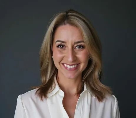 Smiling woman in a white blouse against a dark gray background