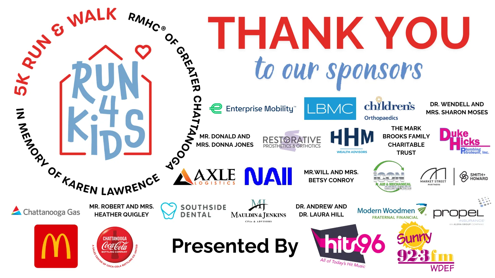 Sponsor thank-you banner for Run 4 Kids 5K run/walk, with many sponsor logos on a white background.
