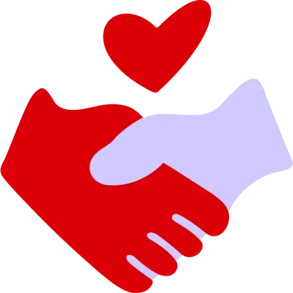 Red and lavender hands shaking with a red heart above, symbolizing partnership and care