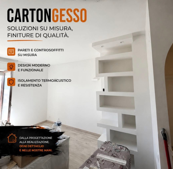 ristrutturazione di interni di CARTONGESSO, con mensole a muro bianche integrate e testo del servizio in italiano.