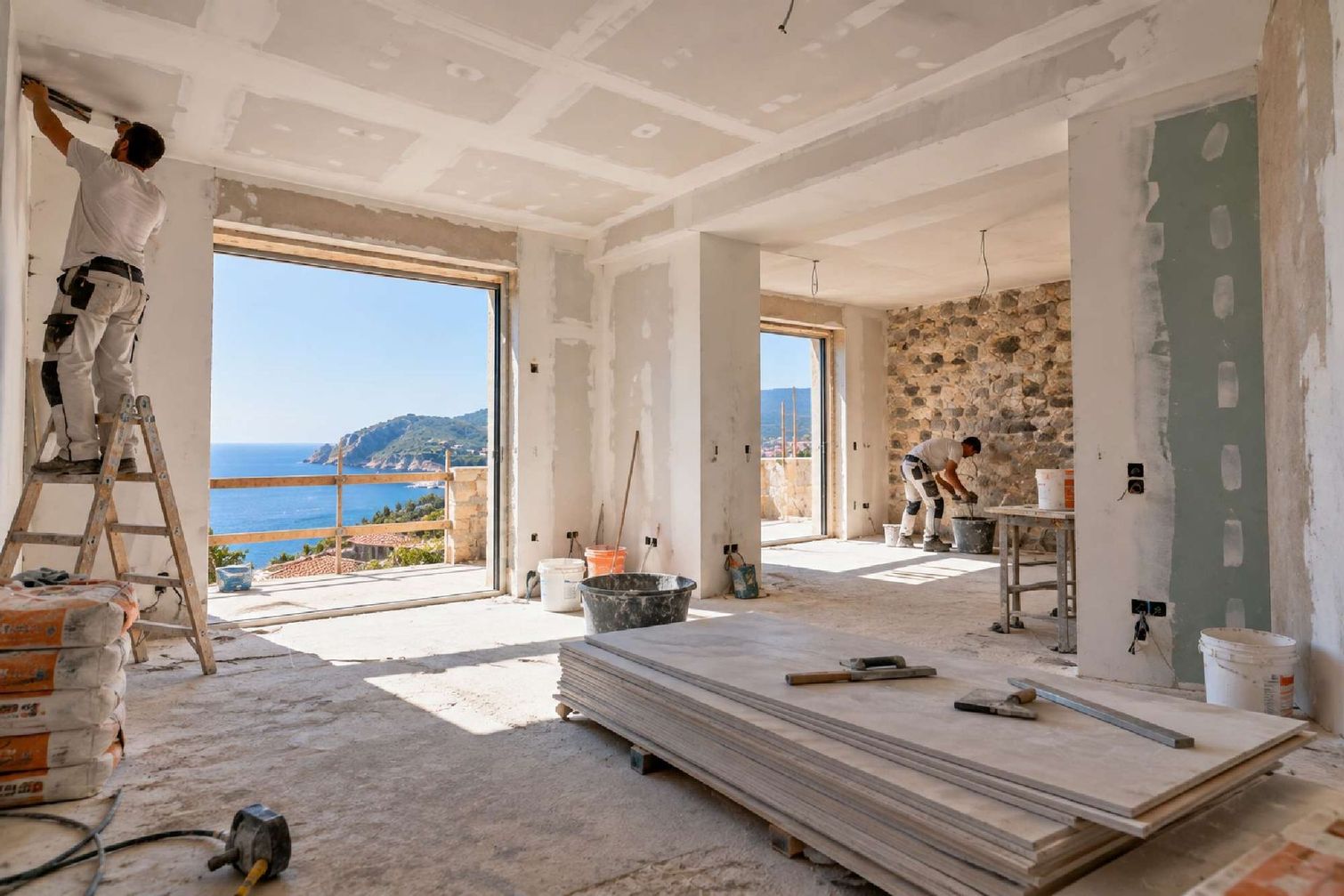 Cantiere edile con pareti in cartongesso, scale, attrezzi e vista mare aperta attraverso ampie finestre.
