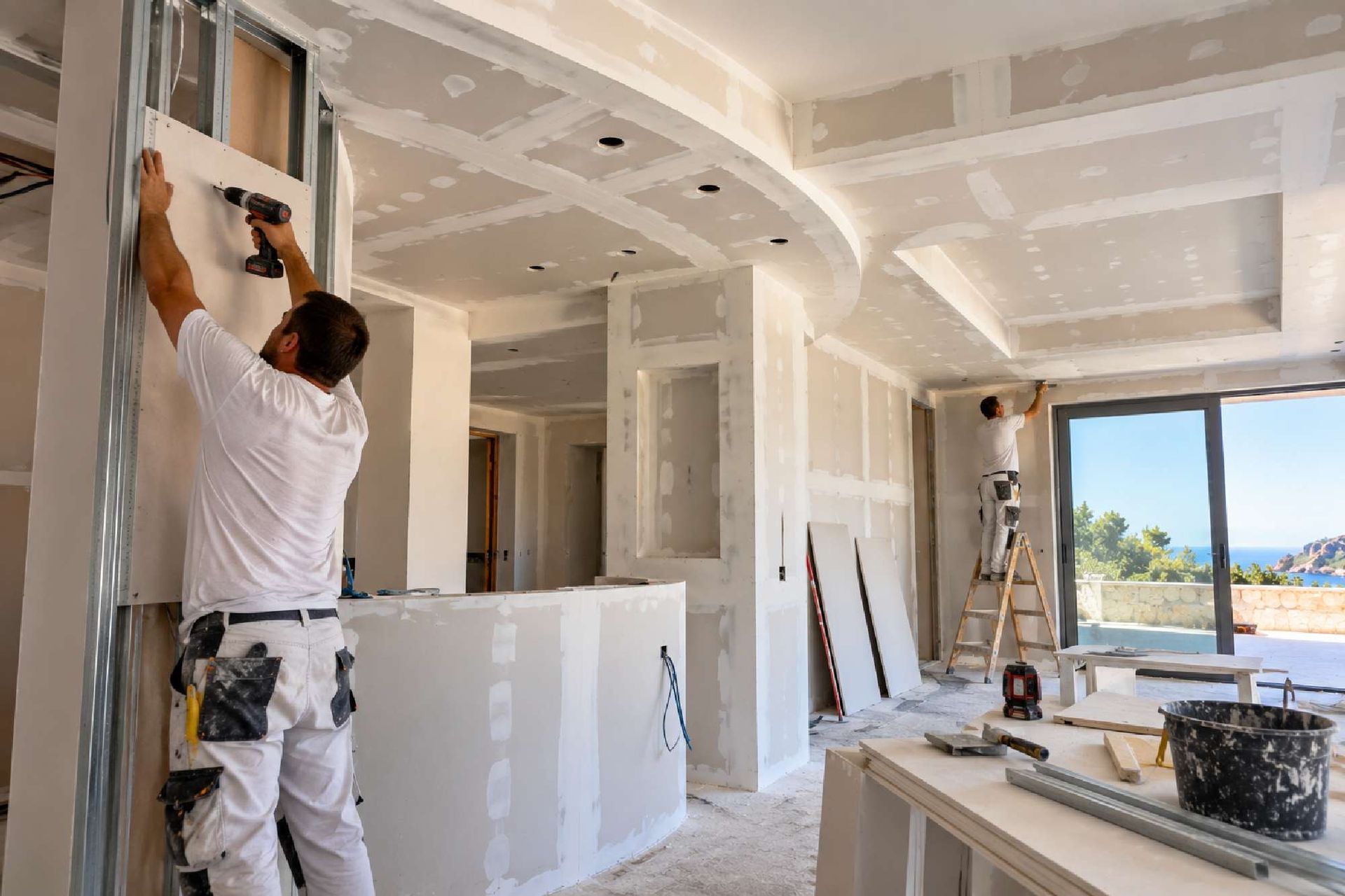 Un operaio installa pannelli di cartongesso in una stanza luminosa e non rifinita, con soffitto curvo e grande finestra.