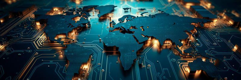 World map overlaid on a circuit board with bright, glowing lights.