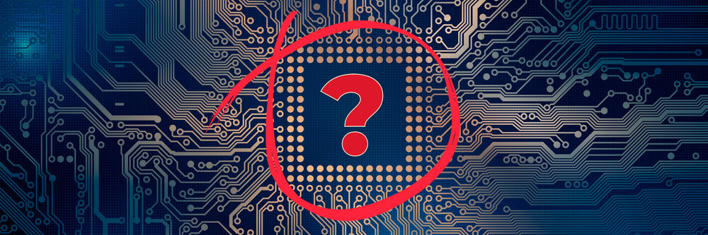Circuit board with a question mark inside a red circle.