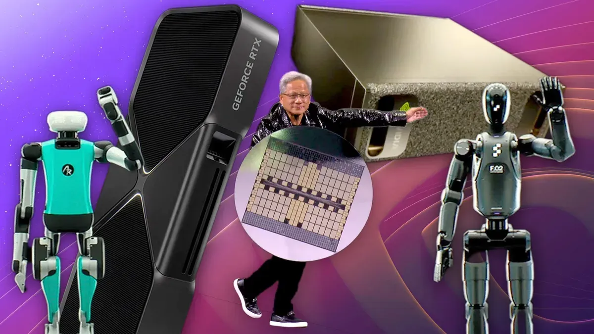 Robots and technology: Two robots, a person, and a computer chip against a purple background.