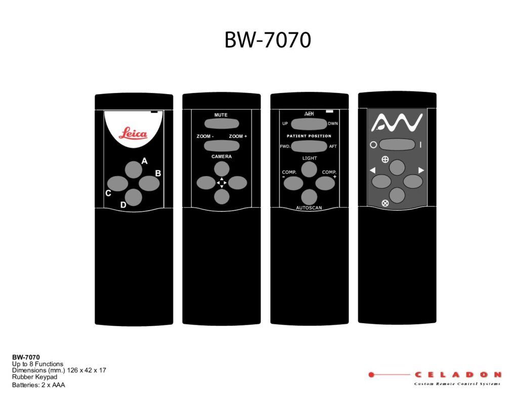 Four black Leica BW-7070 remote controls with button layouts displayed.