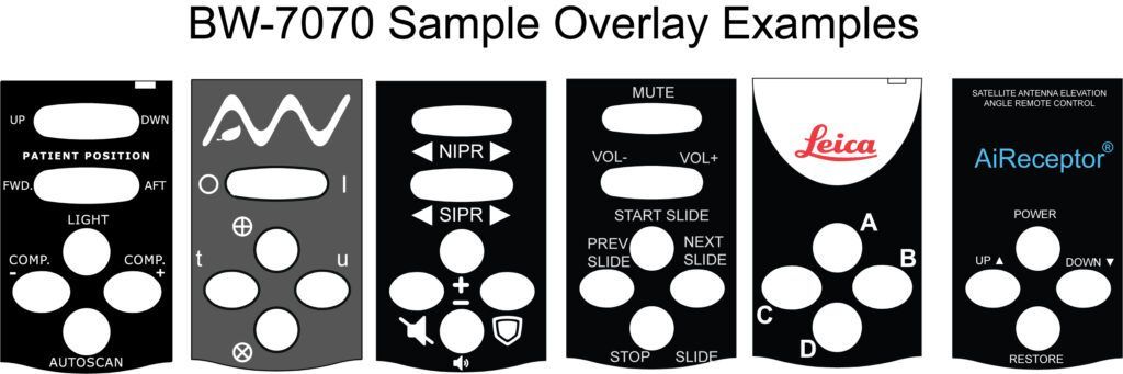 BW-7070 sample overlay examples, black panels with white text and button outlines, varying designs, Leica logo visible.