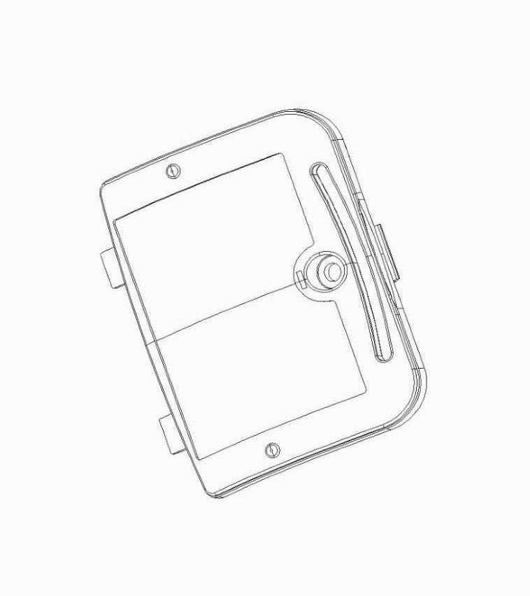 Line drawing of a rectangular device with a screen, buttons, and mounting tabs; likely a vehicle control panel.