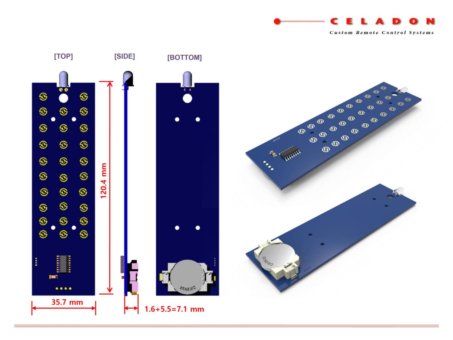 Blue circuit board with buttons, battery, and dimensions labeled. Top, side, and bottom views. 