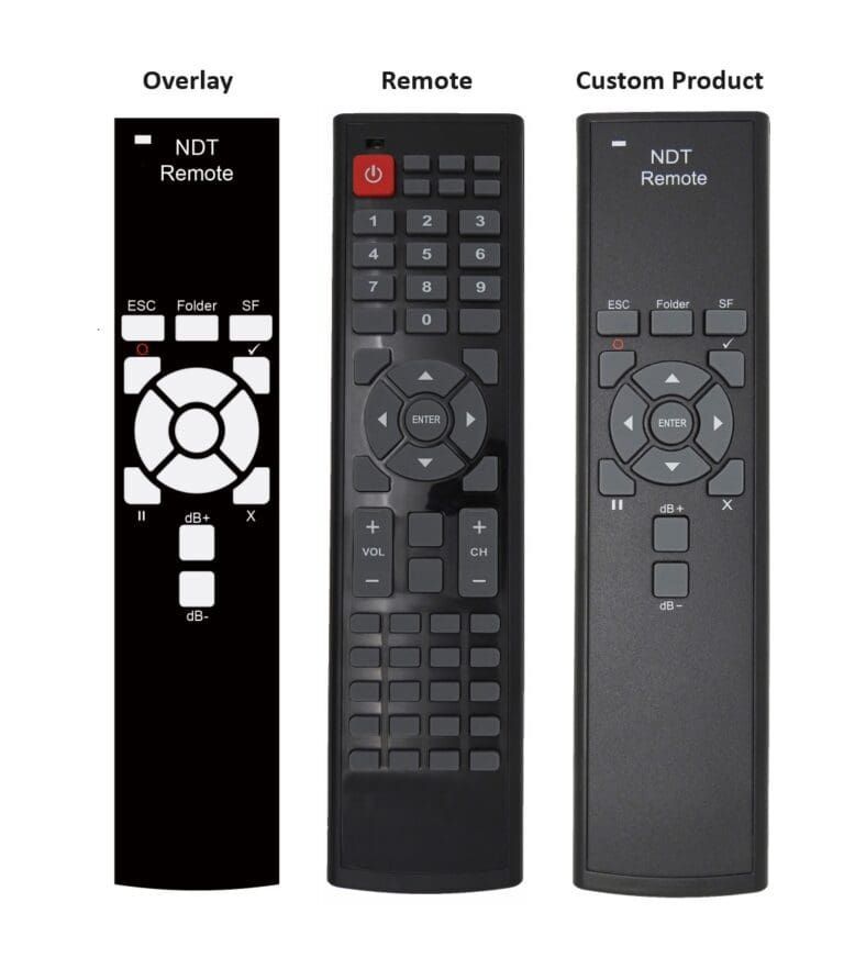 Three remote control designs: overlay, standard, and custom product. The overlay is black and white. The standard is black with red power button. The custom product is black.