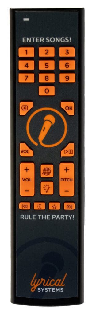 Black karaoke remote with orange buttons, labeled "ENTER SONGS!", and "RULE THE PARTY".
