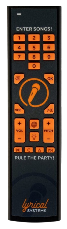 Black karaoke remote with orange buttons: number pad, mic symbol, volume controls.