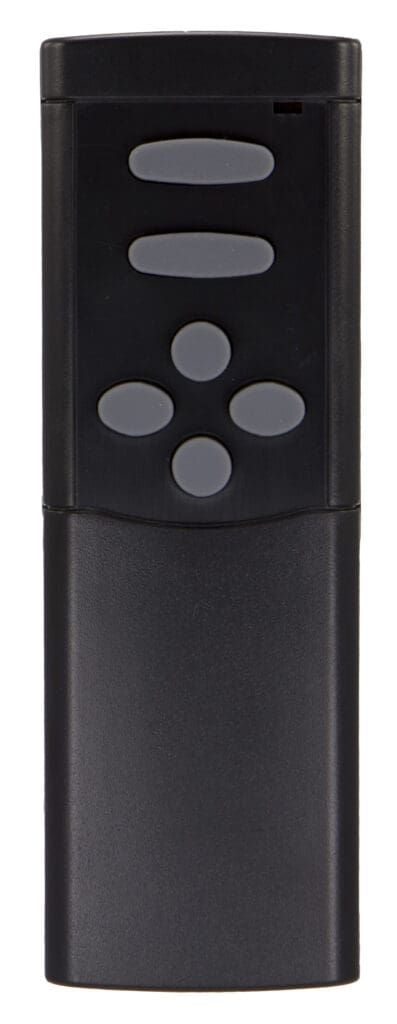 Black rectangular remote control with gray buttons.
