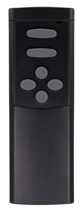 Black remote control with gray buttons.