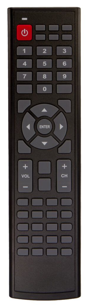 Black TV remote with red power button and gray buttons.