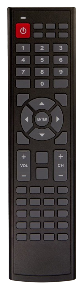 Black TV remote with red power button, number and directional buttons.
