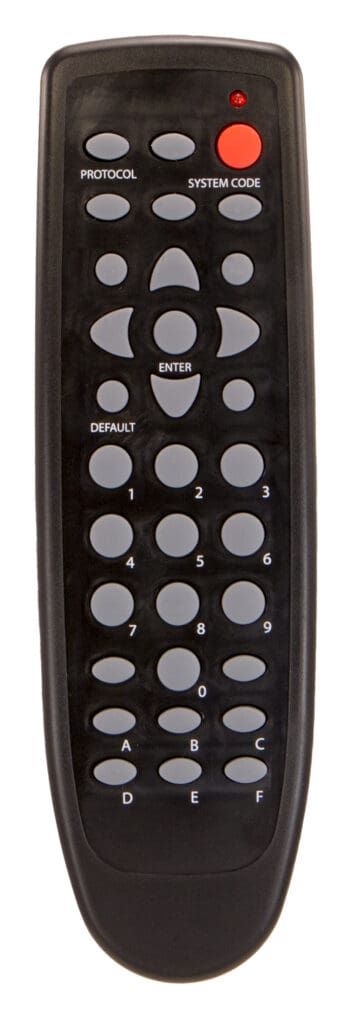 Black remote control with gray buttons and a red power button.