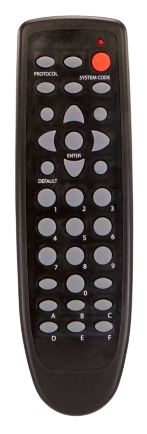 Black remote control with many buttons, including numbered and lettered keys, and a red indicator light.