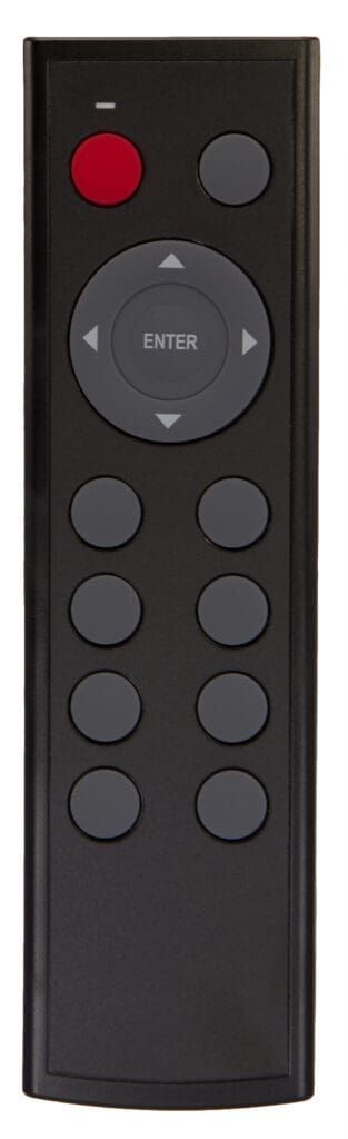 Black remote control with a red power button and directional buttons.