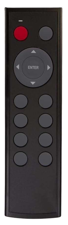 Black remote control with red button and circular navigation pad.