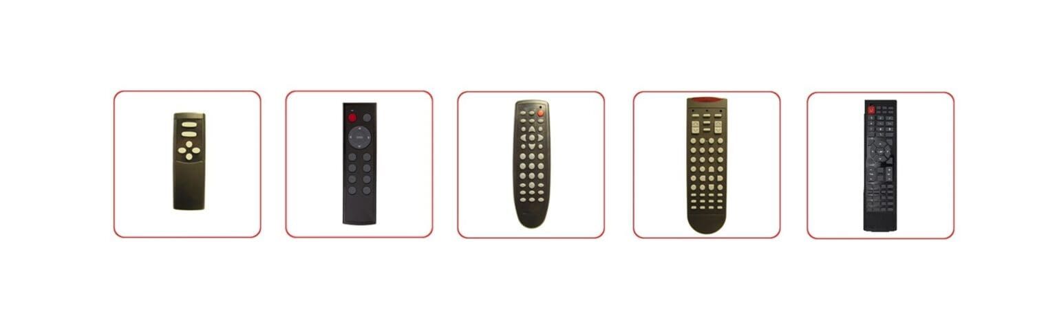Five TV remote controls in individual white boxes.