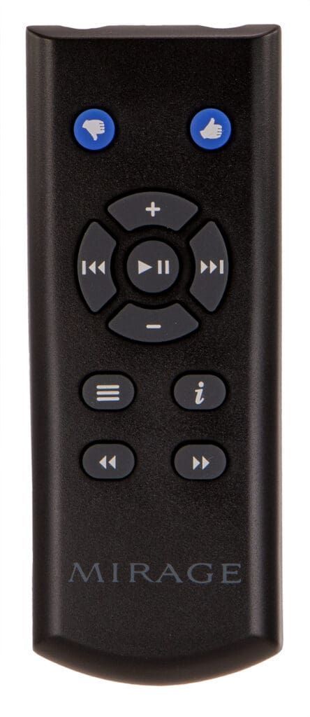 Black Mirage remote control with multiple buttons.