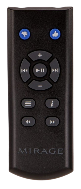 Black Mirage remote with media controls. Blue thumbs up/down buttons.
