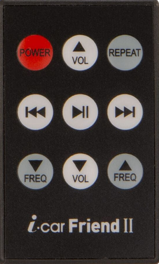 Black remote with red power button, volume control, and music playback buttons. 