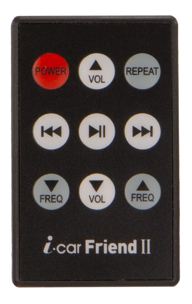 Black i-car Friend II remote with power, volume, frequency, repeat, and play/skip buttons.