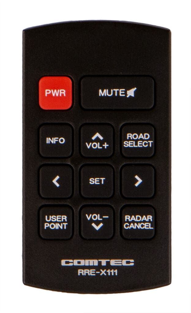 Black Comtec ARE-X111 remote control with red "PWR" button and other buttons for mute, info, volume, and road selection.