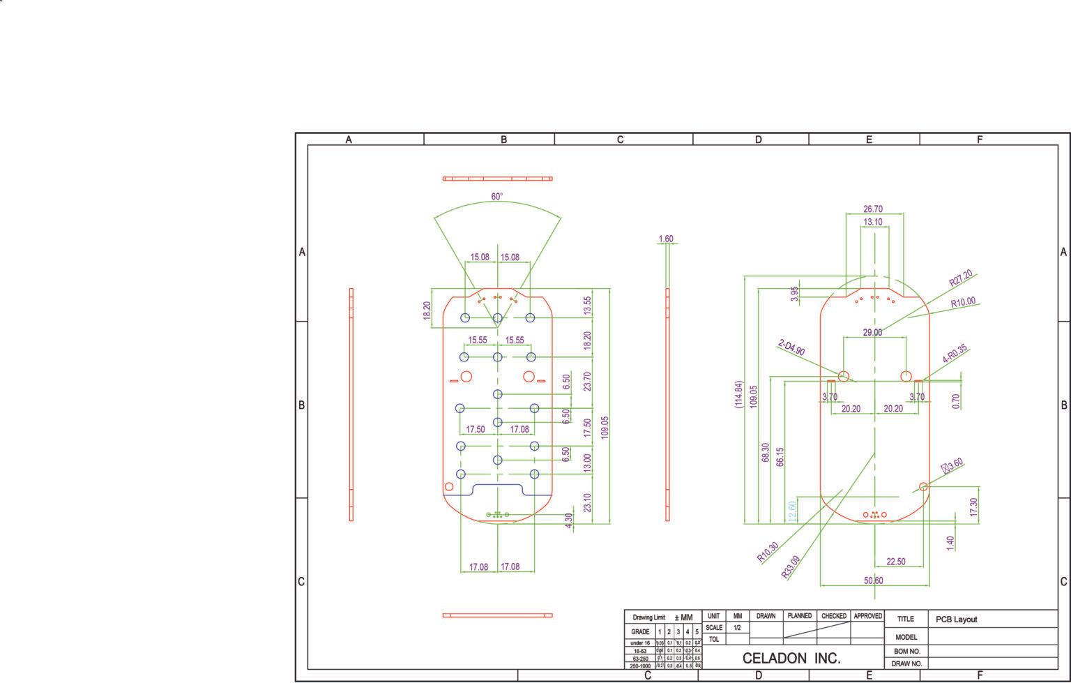 Technical drawing of a metal part with various dimensions and holes, in a 2D projection view.