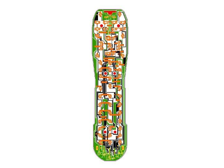 Circuit board with green base, orange traces, and various small components.