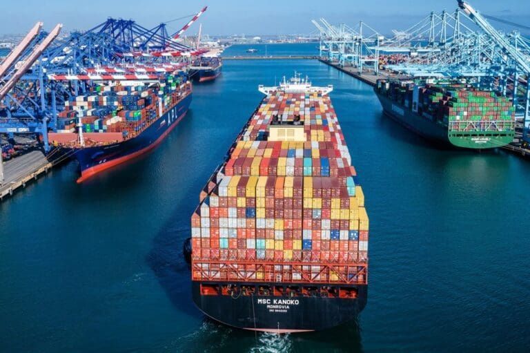 Container ships in a harbor, loading and unloading cargo; cranes, blue water, sunny day.