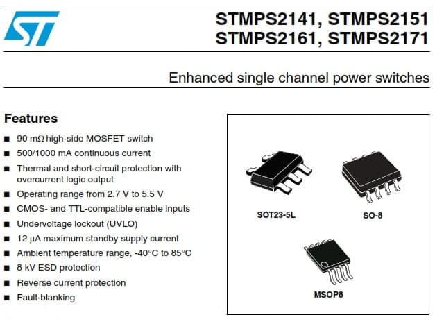 Datasheet for STMicroelectronics STMPS2141/2151/2161/2171 power switches, with features and package diagrams.