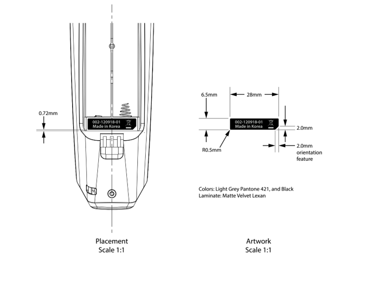 Diagram showing placement and artwork specifications for a label on a device, including dimensions and color.