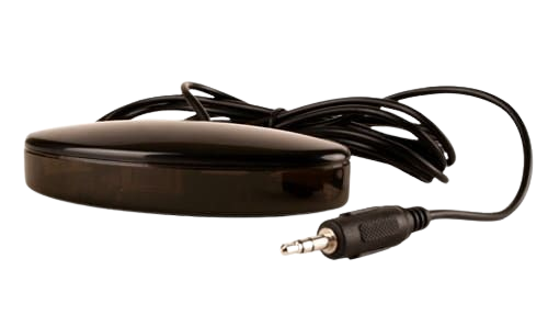Black IR repeater with a 3.5mm jack connector cable, for controlling devices with remotes.