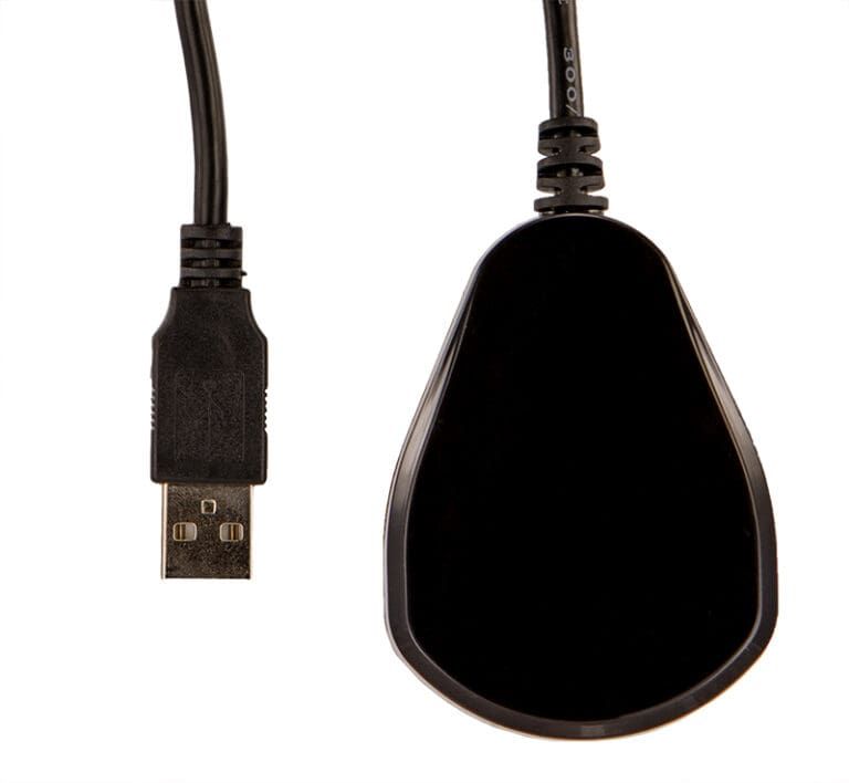 Black USB receiver with teardrop-shaped IR sensor.