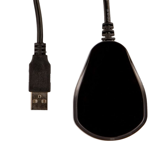 Black USB infrared receiver. Pear-shaped sensor with USB connector.