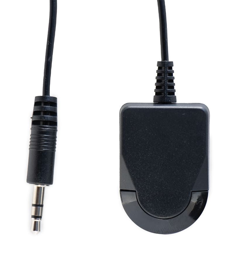 Black IR emitter cable with 3.5mm jack on white background.