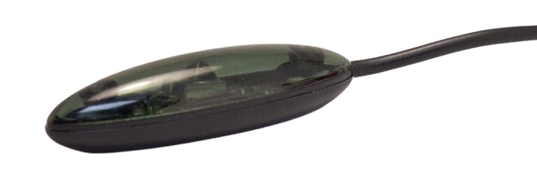 Black IR repeater with a clear, dark-tinted lens and a connecting cable.